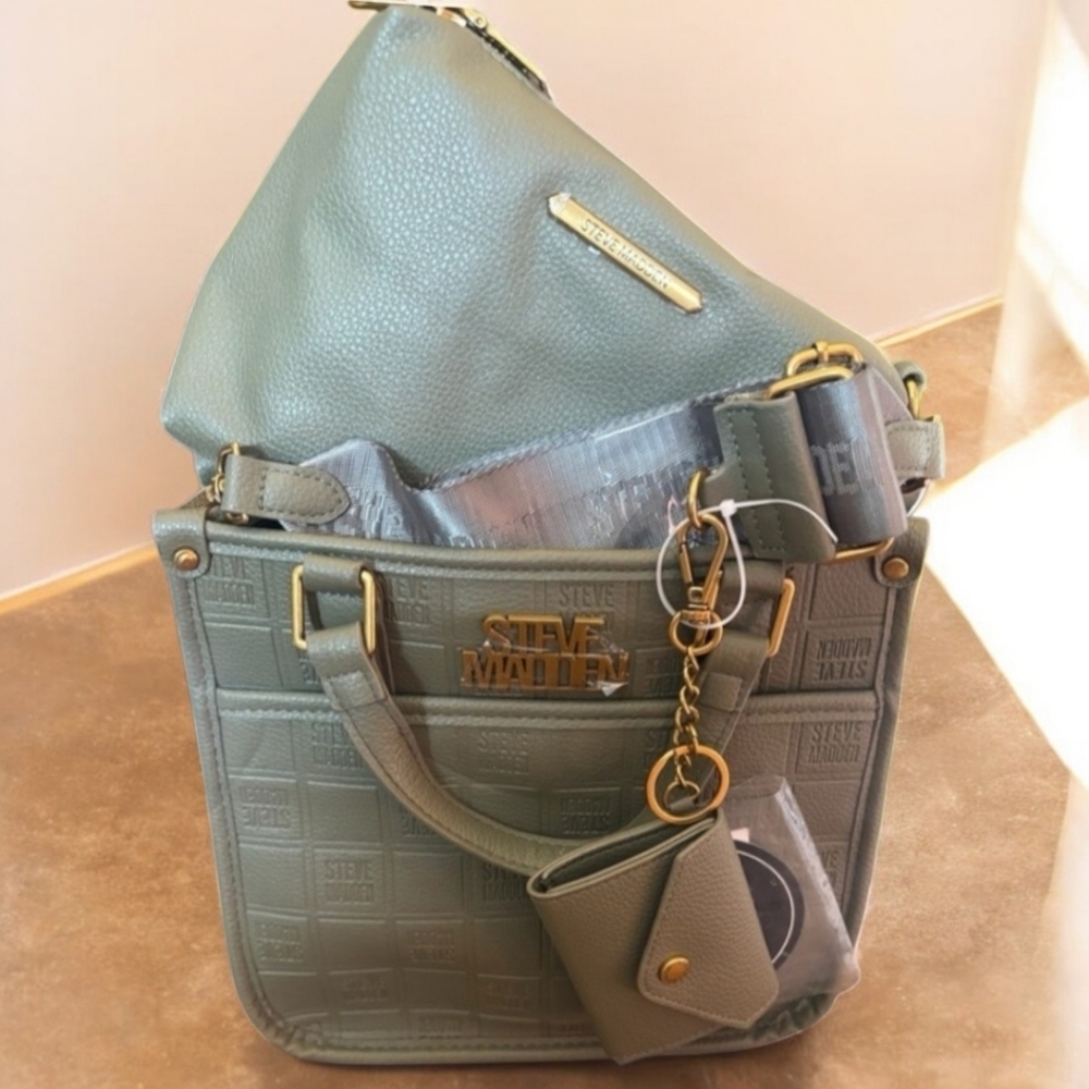 STEVE MADDEN NWT 4fer Olive Green Satchel & Crossbody Tote +2 Pouches & Wallet - Picture 4 of 8